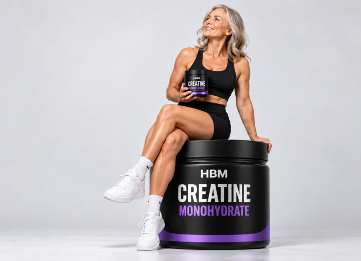 Silver-haired athlete with creatine tubs
