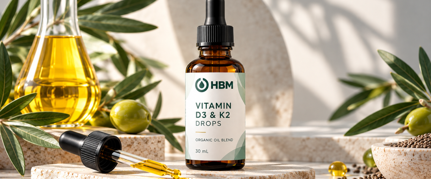 HBM Organic Vitamin D3 and K2 Drops in an amber glass bottle with olive oil and chia seeds.