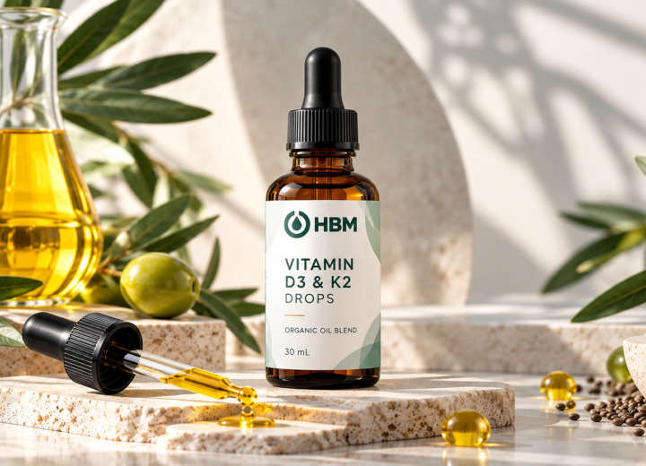HBM Organic Vitamin D3 and K2 Drops in an amber glass bottle with olive oil and chia seeds.