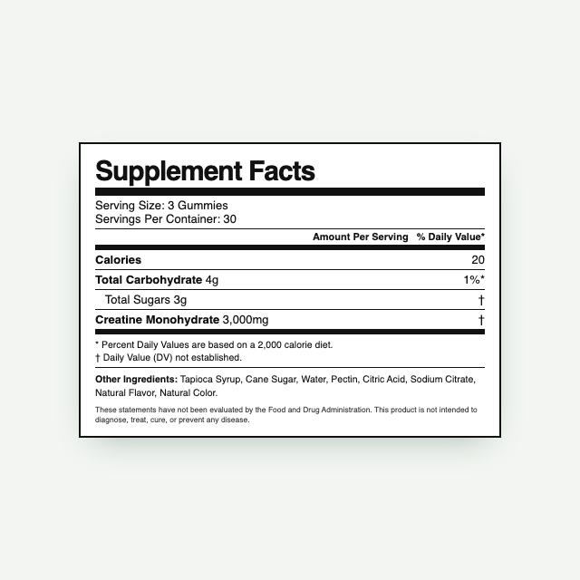 Creatine Gummies &mdash; 1,000mg per gummy &mdash; Strawberry (Sugar) supplement facts